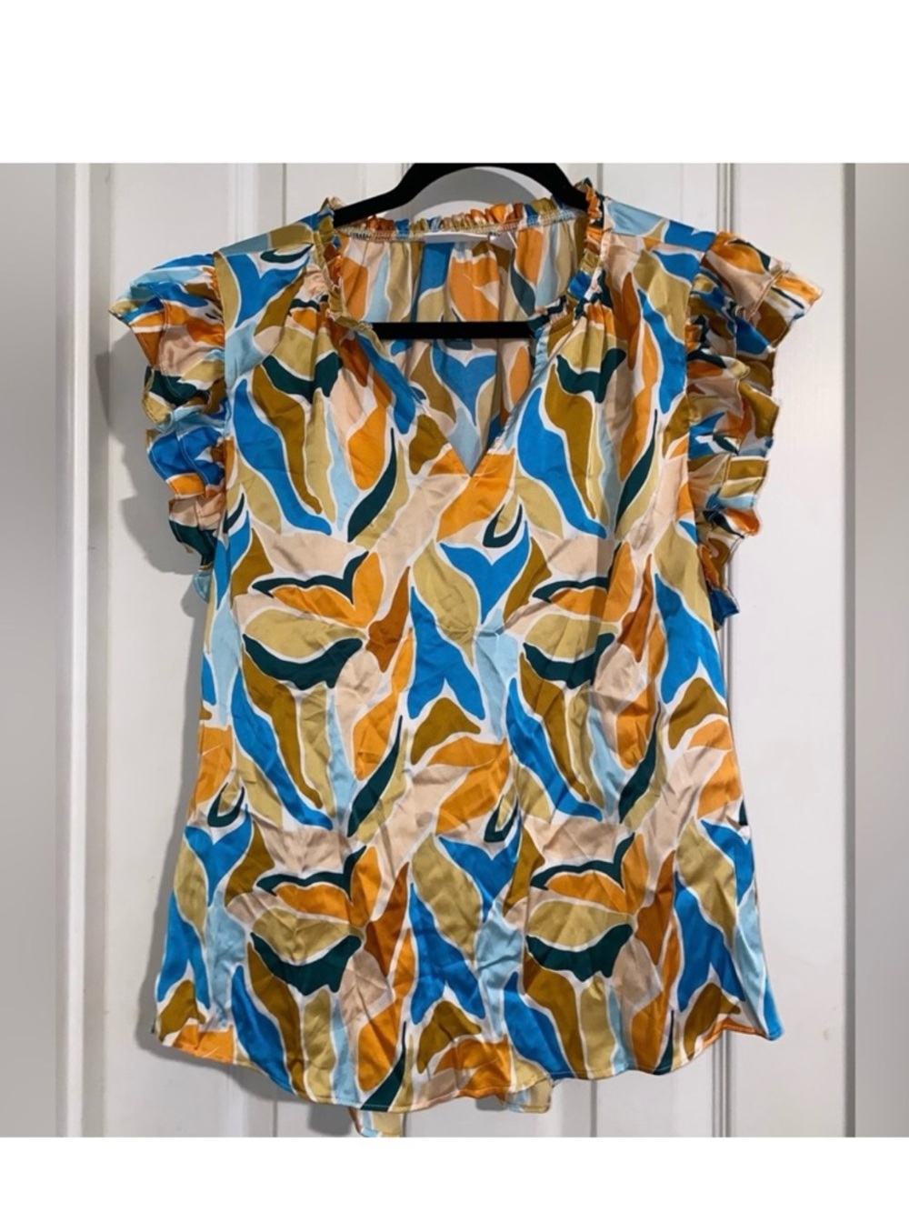 V-Neck Flutter Sleeve Blouse in Yellow Multi - Picture 3 of 6